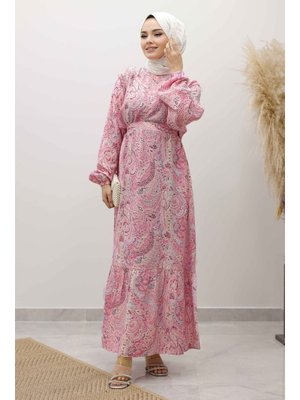 Pembe Şal Desen Kuşaklı Elbise