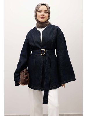 Koyu Mavi Kemerli Kot Ceket