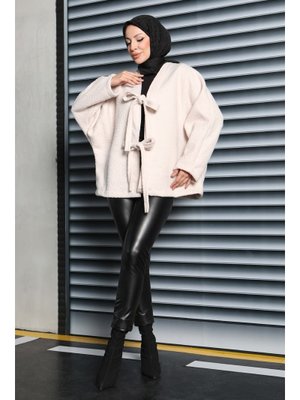 Krem Çift Bağcık Detaylı Buklet Ceket