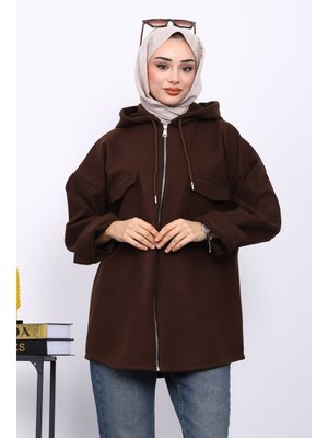 Kahverengi Kapüşonlu Çift Cepli Kaşe Ceket