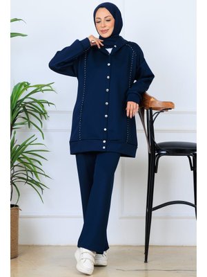 Lacivert Kapüşonlu Düğmeli Scuba Takım