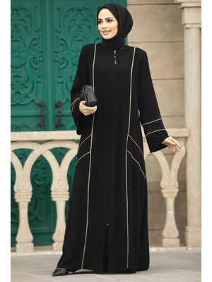 Fermuarlı Siyah Rabia Krep Ferace 35162s