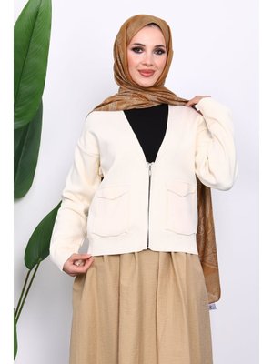 Krem Çift Cepli Fermuarlı Triko Hırka