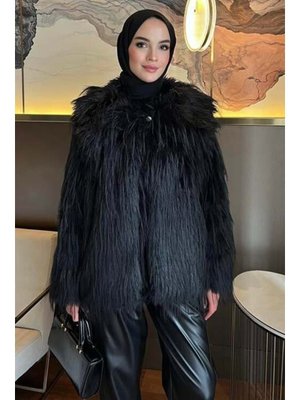 Siyah Peluş Uzun Kürk