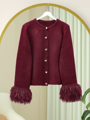 Bordo Kalp Düğmeli Kolu Saçaklı Triko Hırka