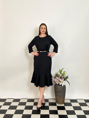 Siyah Büyük Beden Alt Etek Kısmı Balık Detaylı Kemerli Elbise