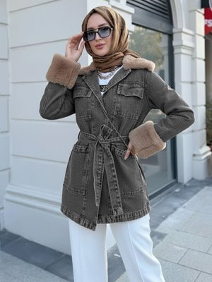 Füme Yakası Ve Kolu Kürklü Önü Bağlamalı Cepli Kot Ceket