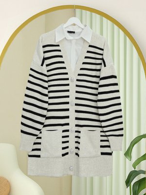 Taş Çift Cepli Çizgili Triko Hırka