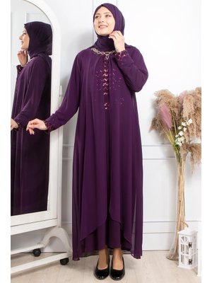 Mürdüm Taş İşleme Detaylı Payetli Elbise