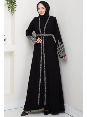 Siyah Taş Detaylı İçlikli Abaya Takım
