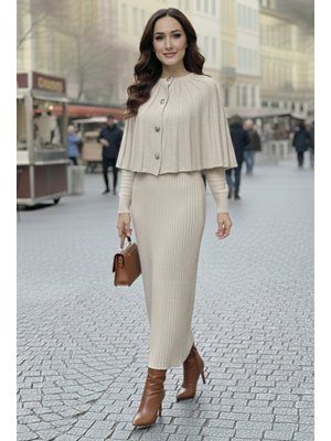 Taş Rengi Bolerolu Triko Elbise