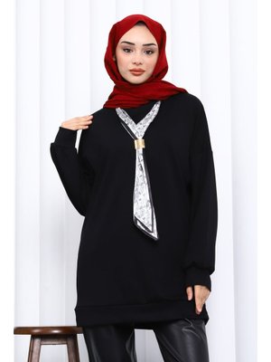 Siyah Fular Aksesuarlı Modal Tunik