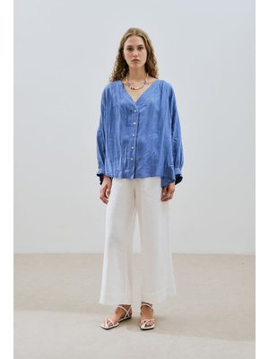 Mavi Keten Crush Düğmeli Bluz