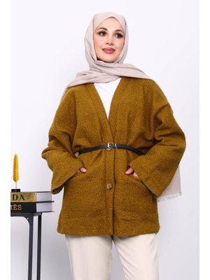 Yağ Yeşili Kemerli Oversize Buklet Ceket