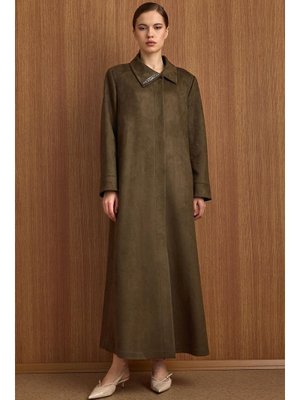 Devrik Yaka Taş Detaylı Süet Görünümlü Büyük Beden Pardesü K.haki