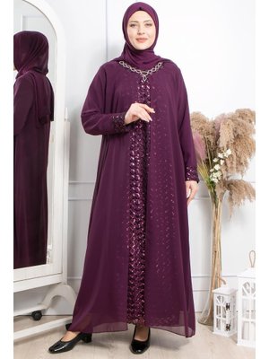 Mürdüm Taş İşlemeli Pul Payetli Abiye