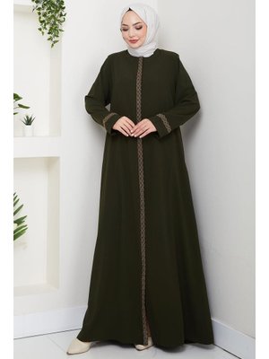 Haki Çiçek Nakışlı Büyük Beden Ferace