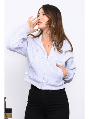 Gri Kısa Kanguru Cepli Fermuarlı Üç İplik Sweat Hırka