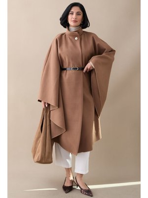 Kemerli Kaşe Sütlü Kahve Uzun Panço