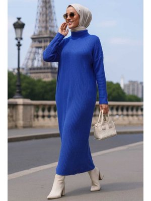 Boğazlı Yaka Sax Mavisi Triko Elbise 34150sx