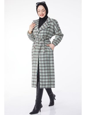 Yesıl Kruvaze Yaka Kuşaklı Kaşe Kaban Yesil