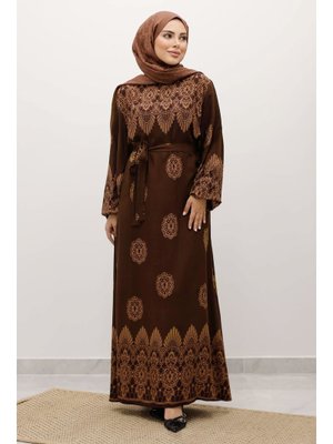 Kahverengi Çini Desenli Viskon Elbise