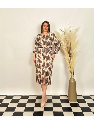 Bordo Büyük Beden Önden Küçük Yırtmaçlı Kemerli Elbise