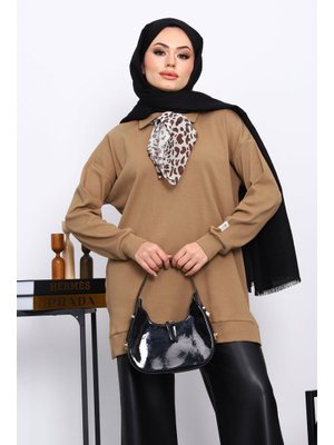 Camel Fular Detaylı Yakalı Tunik