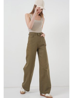 Haki Bol Paça Yüksek Bel Palazzo Pantolon