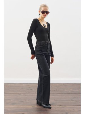 Siyah Uzun Hafif Geniş Paça Jean Pantolon