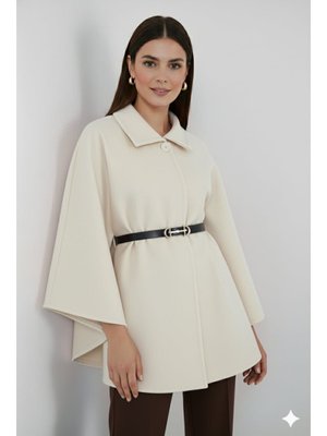 Ekru Kemerli Kaşe Panço