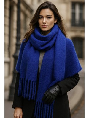 Mavi Püskül Detay Atkı Omuz Şalı 40x200 Cm 1295 Saks