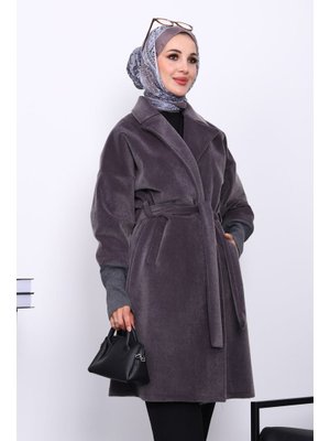 Füme Bel Kuşaklı Çift Cepli Angora Kaban