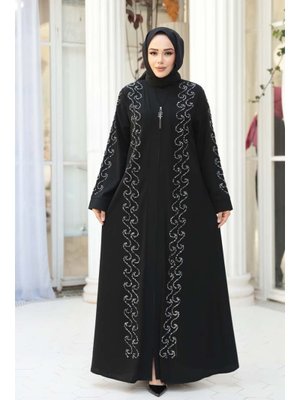 Boncuk İşlemeli Siyah Gümüş Ferace 29123sgms