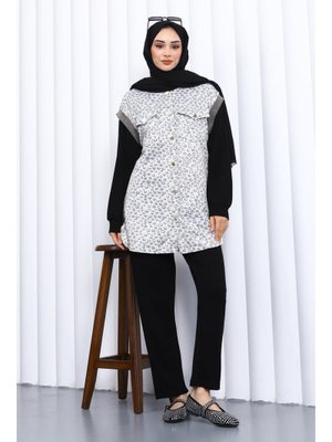 Siyah Tunik Yelek Pantolon Üçlü Takım