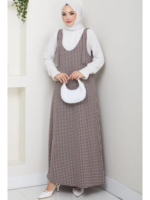 Kahverengi Kaz Ayağı Desen Jile Elbise