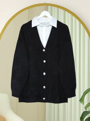 Siyah Önü Düğmeli Sakallı Salaş Triko Hırka