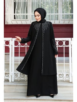 Boncuk İşlemeli Siyah Abaya 29131s