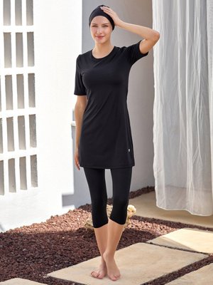 Siyah Walt Büyük Beden Kısa Kollu Havuz Mayo