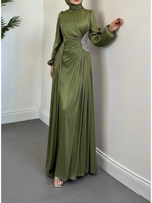 Haki Kolu Lastikli Taş Detaylı Astarlı Janjan Abiye Elbise