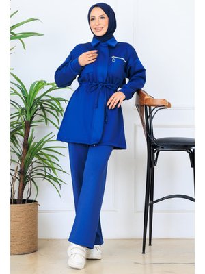 İndigo Beli Büzgülü Fermuarlı Scuba Takım