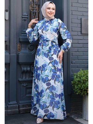 Çiçek Desenli Sax Mavisi Elbise 279901sx