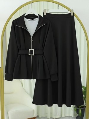 Siyah Beli Katlamalı Önü Fermuarlı Kemerli Etekli Penye Takım