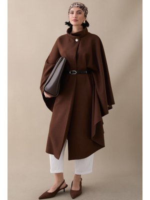 Kemerli Kaşe Kahverengi Uzun Panço