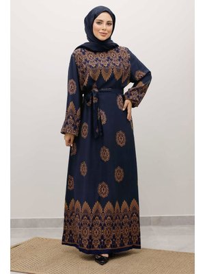 Lacivert Çini Desenli Viskon Elbise