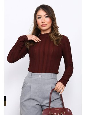 Mürdüm Fırfır Detaylı Dik Yaka Bluz