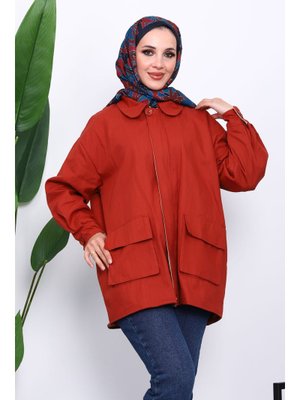 Kiremit Cep Detaylı Fermuarlı Gabardin Ceket