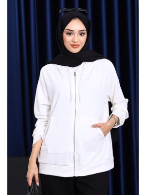 Ekru Kapüşonlu Fermuarlı Modal Sweat Hırka