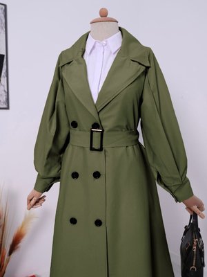 Haki Balon Kol Tokalı Kemerli Yan Cepli Trençkot