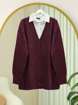 Bordo Ajurlu Baklava Desenli Triko Hırka